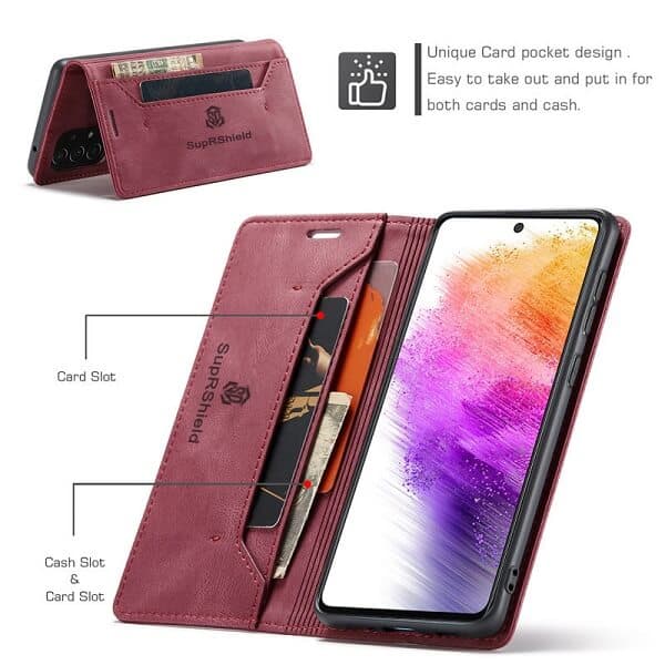 For Samsung Galaxy A73 5G Case RFID Blocking Retro Flip Premium Leather Card Holder Wallet Cover - (Red) For Samsung Galaxy A73 5G Case RFID Blocking Retro Flip Premium Leather Card Holder Wallet Cover - (Red)
